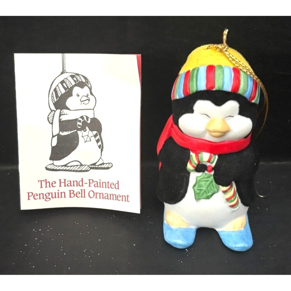 Vintage Hand-Painted Penguin Bell Christmas Ornament w Scarf Hat Porcelain Figur